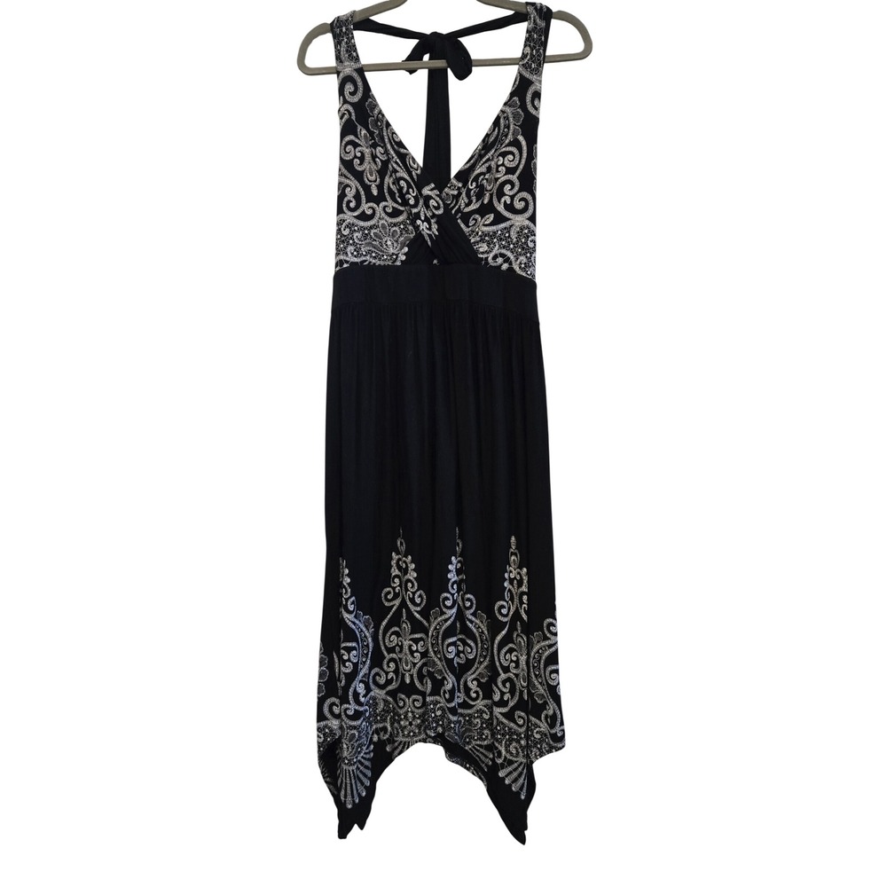 Soma LG Black White Embroidery Print Halter Handkerchief Hem Midi Dress‎ Paisley